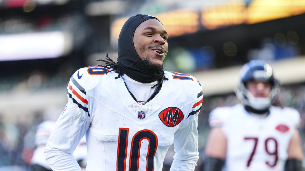 PHILADELPHIA, PA - NOVEMBER 28: Luther Burden III #10 of the Chicago Bears exits the field after warmups prior to an NFL football game against the Philadelphia Eagles at Lincoln Financial Field on November 28, 2025 in Philadelphia, Pennsylvania.