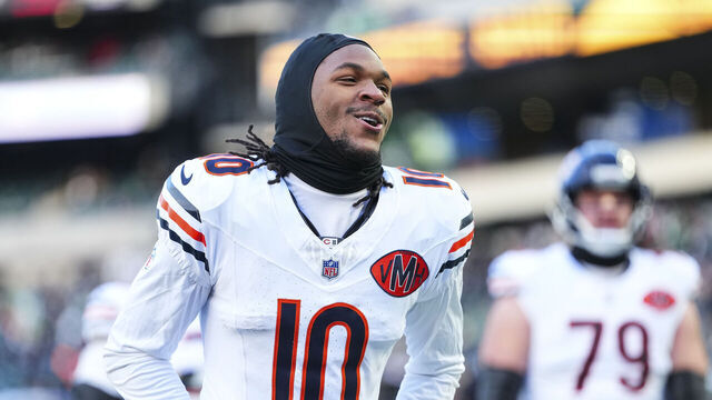 PHILADELPHIA, PA - NOVEMBER 28: Luther Burden III #10 of the Chicago Bears exits the field after warmups prior to an NFL football game against the Philadelphia Eagles at Lincoln Financial Field on November 28, 2025 in Philadelphia, Pennsylvania.