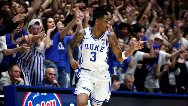 DURHAM, NORTH CAROLINA - JANUARY 10: Isaiah Evans #3 of the Duke Blue Devils reacts following a three-point basket in the first half against the SMU Mustangs at Cameron Indoor Stadium on January 10, 2026 in Durham, North Carolina.