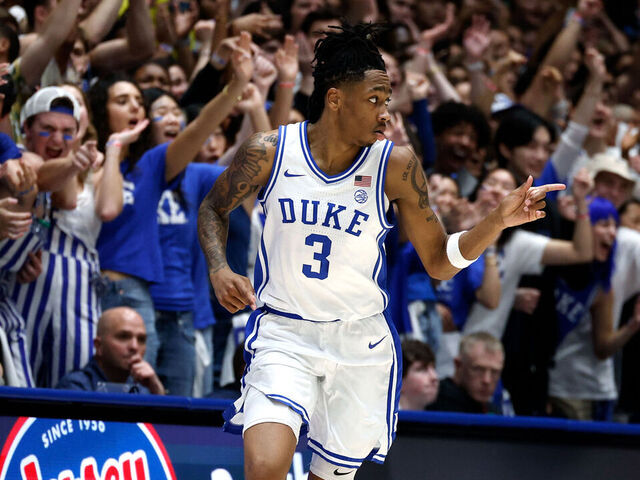 DURHAM, NORTH CAROLINA - JANUARY 10: Isaiah Evans #3 of the Duke Blue Devils reacts following a three-point basket in the first half against the SMU Mustangs at Cameron Indoor Stadium on January 10, 2026 in Durham, North Carolina.