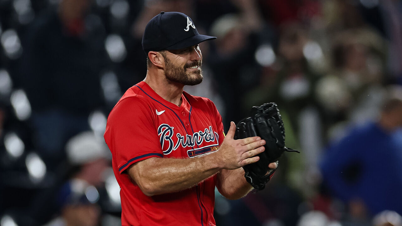 WASHINGTON, DC - SEPTEMBER 16: Pitcher Tyler Kinley #45 of the Atlanta Braves celebrates after an out of in the ninth inning of game two of a split doubleheader against the Washington Nationals at Nationals Park on September 16, 2025 in Washington, DC.