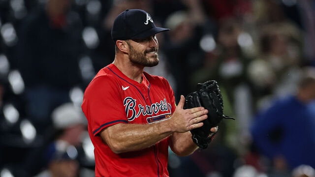 WASHINGTON, DC - SEPTEMBER 16: Pitcher Tyler Kinley #45 of the Atlanta Braves celebrates after an out of in the ninth inning of game two of a split doubleheader against the Washington Nationals at Nationals Park on September 16, 2025 in Washington, DC.