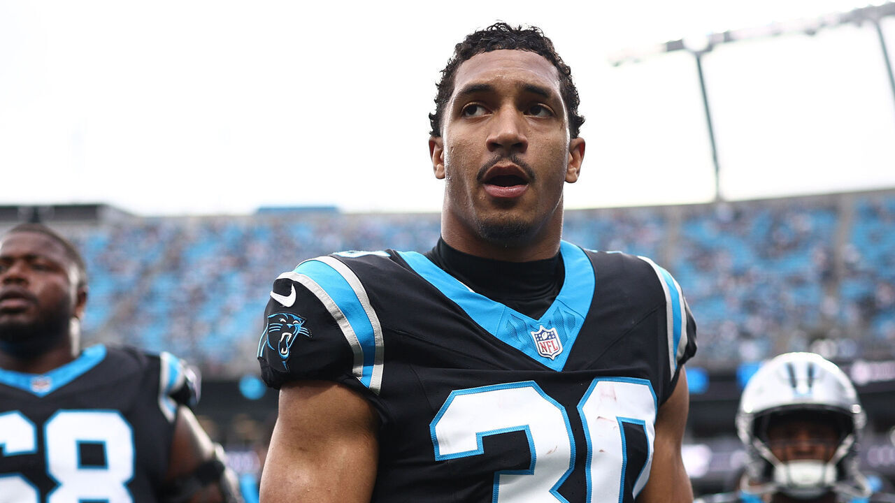 CHARLOTTE, NORTH CAROLINA - JANUARY 10: Chuba Hubbard #30 of the Carolina Panthers leaves the field prior to the NFC Wild Card Playoff game against the Los Angeles Rams at Bank of America Stadium on January 10, 2026 in Charlotte, North Carolina.