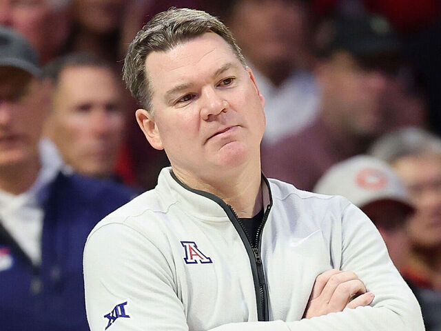 TUCSON, ARIZONA - JANUARY 07: Head coach Tommy Lloyd of the Arizona Wildcats reacts during the second half of the NCAAB game against the Kansas State Wildcats at McKale Center on January 07, 2026 in Tucson, Arizona.