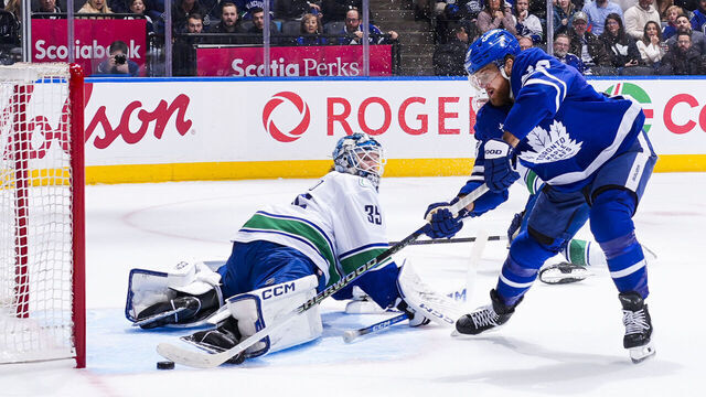 TORONTO, CANADA - JANUARY 10: William Nylander #88 of the Toronto Maple Leafs scored a goal against Thatcher Demko #35 of the Vancouver Canucks during the first period at the Scotiabank Arena on January 10, 2026 in Toronto, Ontario, Canada.