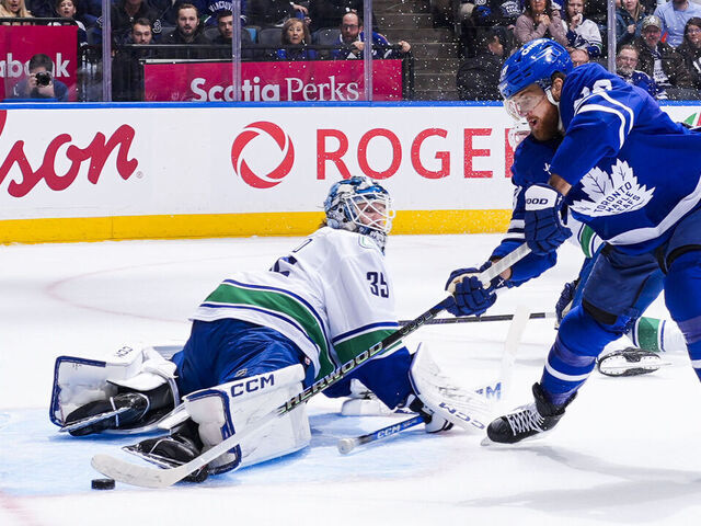 TORONTO, CANADA - JANUARY 10: William Nylander #88 of the Toronto Maple Leafs scored a goal against Thatcher Demko #35 of the Vancouver Canucks during the first period at the Scotiabank Arena on January 10, 2026 in Toronto, Ontario, Canada.