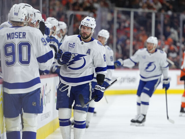 PHILADELPHIA , PA - JANUARY 10: Tampa Bay Lightning right wing Nikita Kucherov (86) celebrates with teammates after scoring a goal in the first period during the game between the Tampa Bay Lightning and Philadelphia Flyers on January 10, 2026 at Xfinity Mobile Arena in Philadelphia, PA.