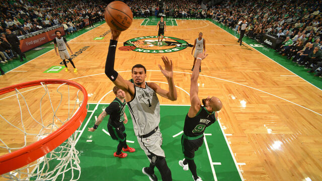 BOSTON, MA - JANUARY 10: Victor Wembanyama #1 of the San Antonio Spurs shoots the ball during the game against the Boston Celtics on January 10, 2026 at TD Garden in Boston, Massachusetts. NOTE TO USER: User expressly acknowledges and agrees that, by downloading and/or using this Photograph, user is consenting to the terms and conditions of the Getty Images License Agreement. Mandatory Copyright Notice: Copyright 2026 NBAE