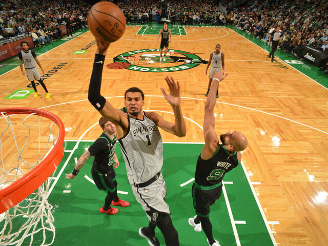 BOSTON, MA - JANUARY 10: Victor Wembanyama #1 of the San Antonio Spurs shoots the ball during the game against the Boston Celtics on January 10, 2026 at TD Garden in Boston, Massachusetts. NOTE TO USER: User expressly acknowledges and agrees that, by downloading and/or using this Photograph, user is consenting to the terms and conditions of the Getty Images License Agreement. Mandatory Copyright Notice: Copyright 2026 NBAE