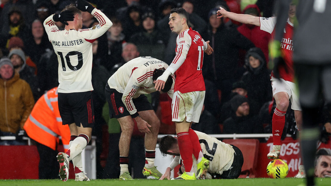 LONDON, ENGLAND - JANUARY 08: Gabriel Martinelli of Arsenal reacts as Conor Bradley of Liverpool lies injured during the Premier League match between Arsenal and Liverpool at Emirates Stadium on January 08, 2026 in London, England.