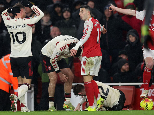LONDON, ENGLAND - JANUARY 08: Gabriel Martinelli of Arsenal reacts as Conor Bradley of Liverpool lies injured during the Premier League match between Arsenal and Liverpool at Emirates Stadium on January 08, 2026 in London, England.