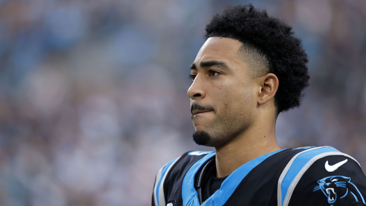 CHARLOTTE, NC - JANUARY 10: Carolina Panthers quarterback Bryce Young (9) looks on before the NFC Wildcard playoff game against the Los Angeles Rams on January 10, 2026 at Bank of America Stadium in Charlotte, North Carolina.