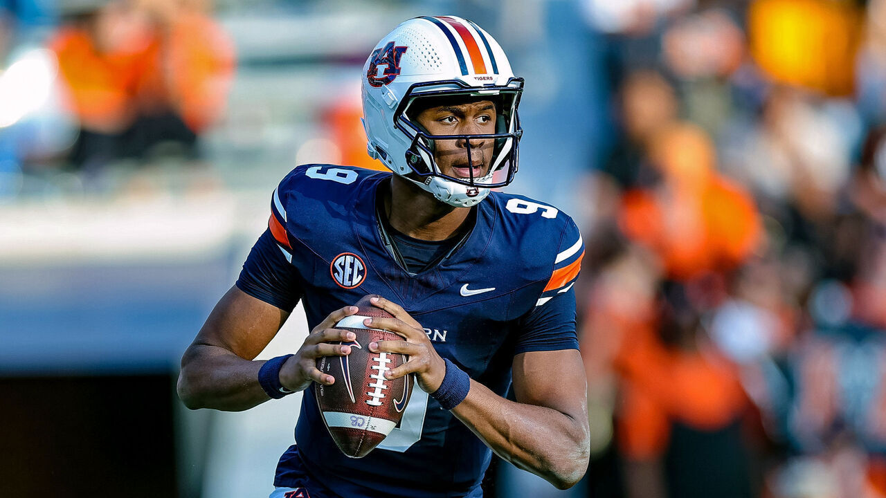AUBURN, ALABAMA - NOVEMBER 22: Deuce Knight #9 of the Auburn Tigers looks to pass during the second half against the Mercer Bears at Jordan Hare Stadium on November 22, 2025 in Auburn, Alabama.