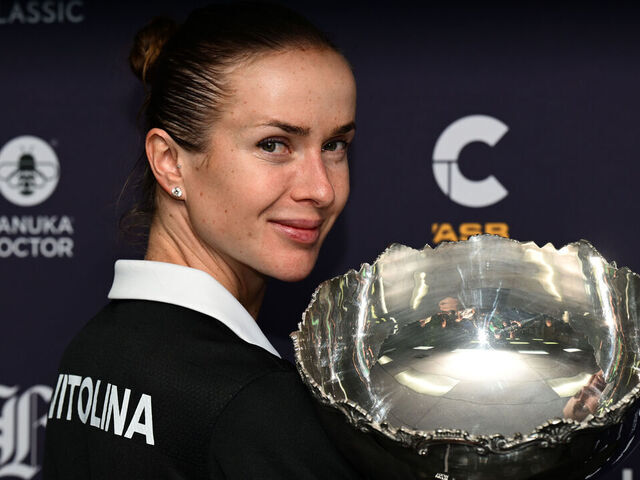 AUCKLAND, NEW ZEALAND - JANUARY 11: Elina Svitolina of the Ukraine wears an All Blacks rugby jersey to her press conference after winning the singles final against Xinyu Wang of China during day 7 of the 2025 ASB Classic at ASB Tennis Centre on January 11, 2026 in Auckland, New Zealand.