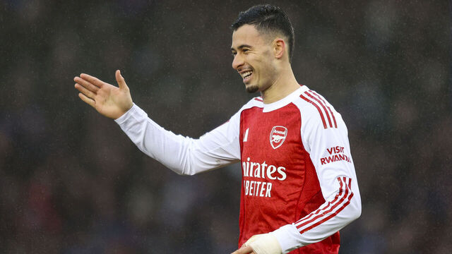 PORTSMOUTH, ENGLAND - JANUARY 11: Gabriel Martinelli of Arsenal celebrates after he scores a goal to make it 3-1 during the Emirates FA Cup Third Round match between Portsmouth and Arsenal on January 11, 2026 in Portsmouth, England.