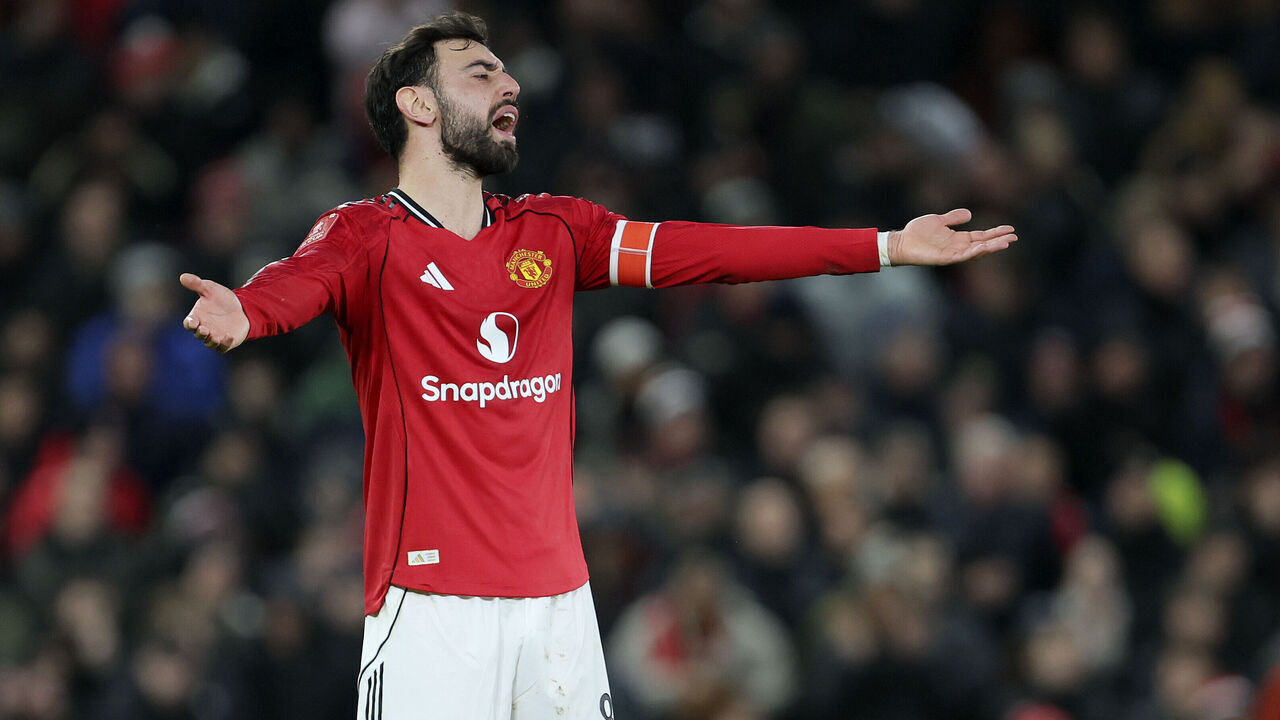 MANCHESTER, ENGLAND - JANUARY 11: Bruno Fernandes of Manchester United reacts during the Emirates FA Cup Third Round match between Manchester United and Brighton & Hove Albion on January 11, 2026 in Manchester, England.