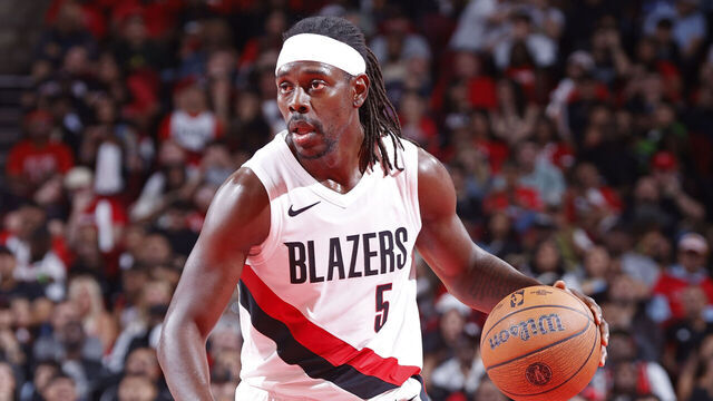 HOUSTON, TX - NOVEMBER 14: Jrue Holiday #5 of the Portland Trail Blazers dribbles the ball during the game against the Houston Rockets during a 2025-26 Emirates NBA cup game on November 14, 2025 at the Toyota Center in Houston, Texas. Mandatory Copyright Notice: Copyright 2025 NBAE