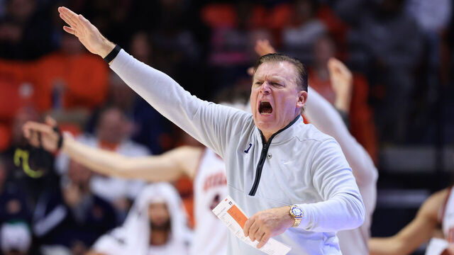 CHAMPAIGN, ILLINOIS - JANUARY 08: Head coach Brad Underwood of the Illinois Fighting Illini reacts during the second half against the Rutgers Scarlet Knights at State Farm Center on January 08, 2026 in Champaign, Illinois.