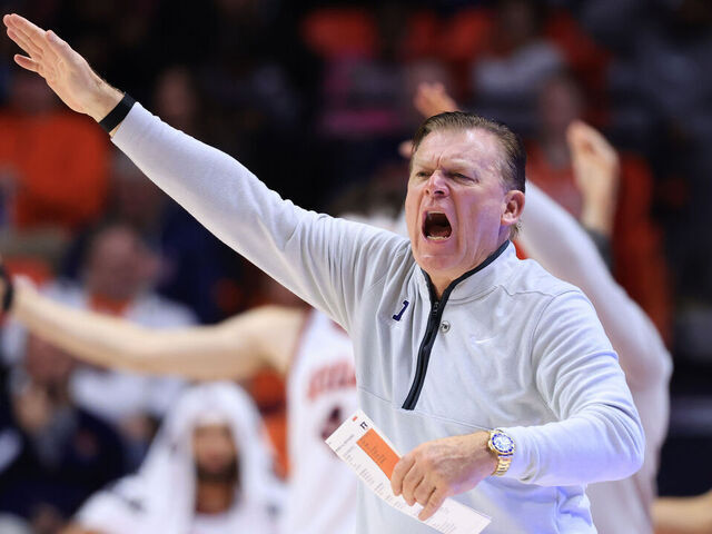 CHAMPAIGN, ILLINOIS - JANUARY 08: Head coach Brad Underwood of the Illinois Fighting Illini reacts during the second half against the Rutgers Scarlet Knights at State Farm Center on January 08, 2026 in Champaign, Illinois.