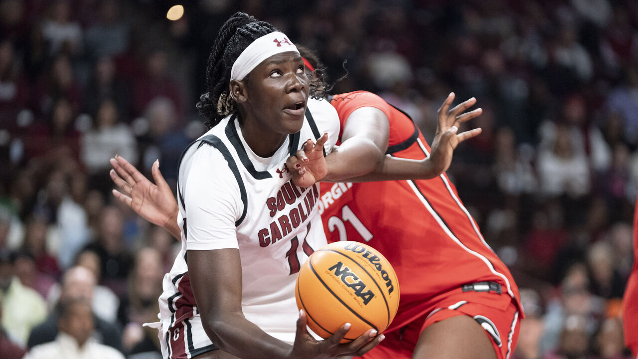 COLUMBIA, SOUTH CAROLINA - JANUARY 11: Madina Okot #11 of the South Carolina Gamecocks shoots the ball during the first quarter of an NCAA women's basketball game against Aicha Ndour #21 of the Georgia Bulldogs at Colonial Life Arena on January 11, 2026 in Columbia, South Carolina.