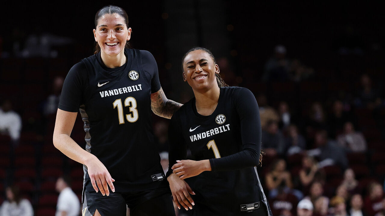 COLLEGE STATION, TEXAS - JANUARY 11: Justine Pissott #13 and Mikayla Blakes #1 of the Vanderbilt Commodores react against the Texas A&M Aggies during the second half at Reed Arena on January 11, 2026 in College Station, Texas.