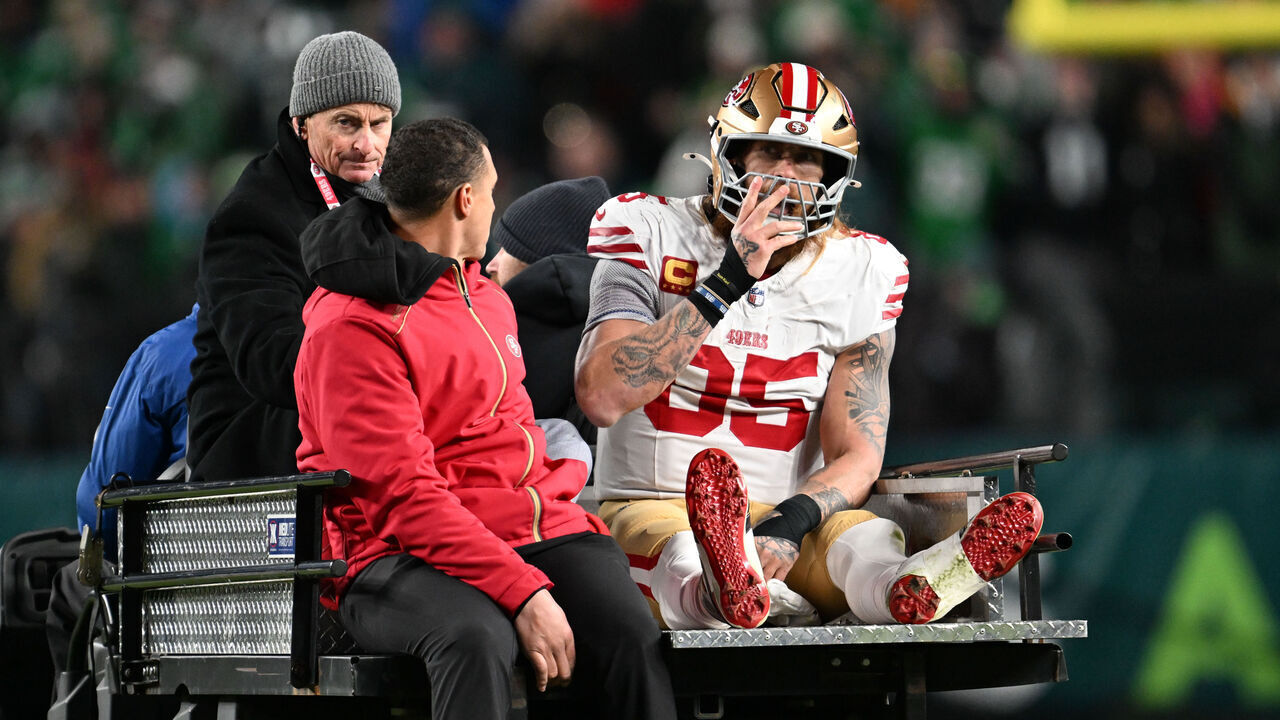 PHILADELPHIA, PA - JANUARY 11: San Francisco 49ers tight end George Kittle #85 is carted off the field during the NFL Wild Card game between the San Fransisco 49ers and the Philadelphia Eagles on January 11th, 2026 at Lincoln Financial Field in Philadelphia, PA.