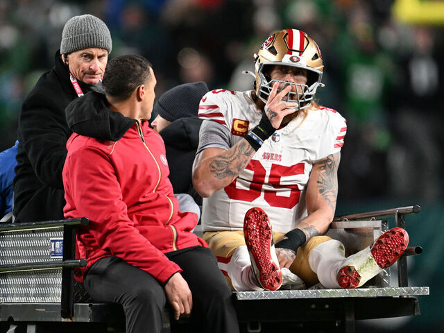 PHILADELPHIA, PA - JANUARY 11: San Francisco 49ers tight end George Kittle #85 is carted off the field during the NFL Wild Card game between the San Fransisco 49ers and the Philadelphia Eagles on January 11th, 2026 at Lincoln Financial Field in Philadelphia, PA.