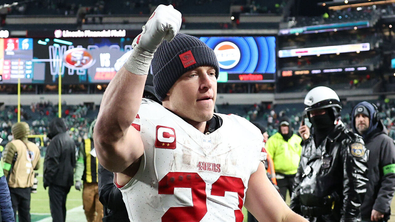 PHILADELPHIA, PENNSYLVANIA - JANUARY 11: Christian McCaffrey #23 of the San Francisco 49ers celebrates after his team's 23-19 win against the Philadelphia Eagles in the NFC Wild Card Playoff game at Lincoln Financial Field on January 11, 2026 in Philadelphia, Pennsylvania.