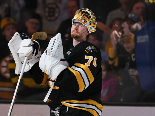 BOSTON, MASSACHUSETTS - JANUARY 11: Joonas Korpisalo #70 of the Boston Bruins celebrates a win against the Pittsburgh Penguins at the TD Garden on January 11, 2026 in Boston, Massachusetts. The Bruins won 1-0.
