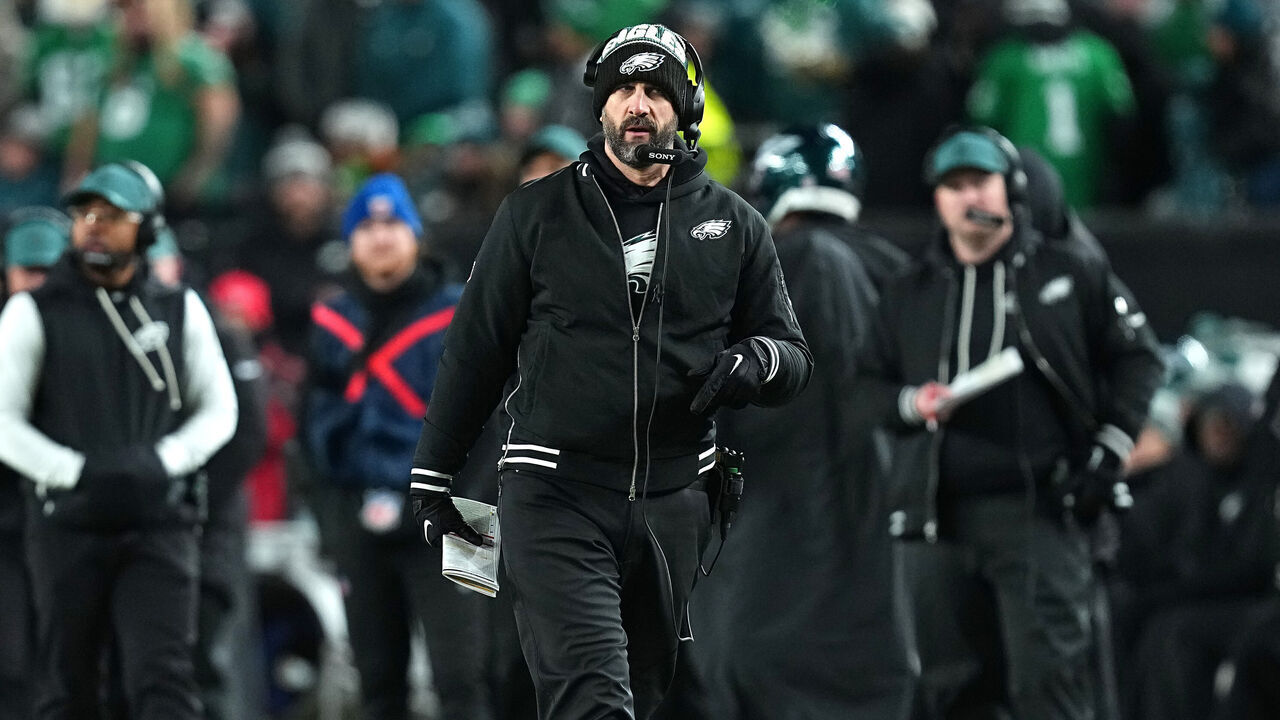 PHILADELPHIA, PENNSYLVANIA - JANUARY 11: Head coach Nick Sirianni of the Philadelphia Eagles looks on during the second quarter in the NFC Wild Card Playoff game against the San Francisco 49ers at Lincoln Financial Field on January 11, 2026 in Philadelphia, Pennsylvania.