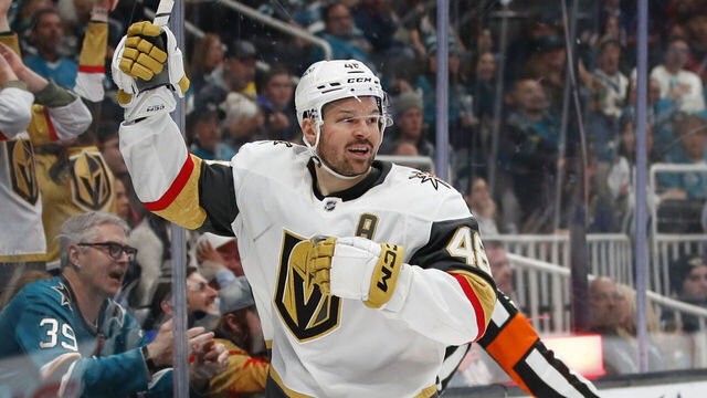 SAN JOSE, CA - JANUARY 11: Vegas Golden Knights center Tomas Hertl (48) celebrates a goal during the NHL game between the Vegas Golden Knights and the San Jose Sharks on January 11, 2026 at SAP Center in San Jose, CA.