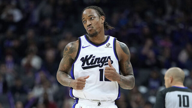 SACRAMENTO, CALIFORNIA - JANUARY 11: DeMar DeRozan #10 of the Sacramento Kings reacts after scoring against the Houston Rockets in the second half at Golden 1 Center on January 11, 2026 in Sacramento, California.