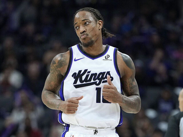 SACRAMENTO, CALIFORNIA - JANUARY 11: DeMar DeRozan #10 of the Sacramento Kings reacts after scoring against the Houston Rockets in the second half at Golden 1 Center on January 11, 2026 in Sacramento, California.