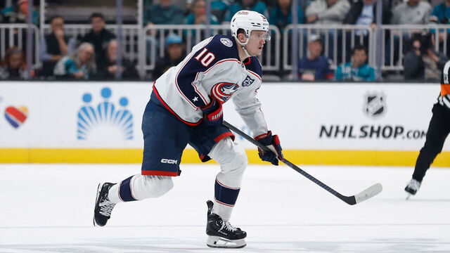SAN JOSE, CALIFORNIA - JANUARY 06: Dmitri Voronkov #10 of the Columbus Blue Jackets skates in the third period against the San Jose Sharks at SAP Center on January 06, 2026 in San Jose, California.