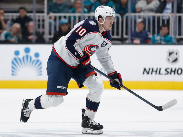 SAN JOSE, CALIFORNIA - JANUARY 06: Dmitri Voronkov #10 of the Columbus Blue Jackets skates in the third period against the San Jose Sharks at SAP Center on January 06, 2026 in San Jose, California.