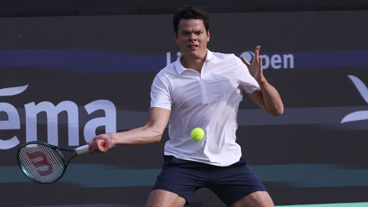 Milos Raonic of Canada in action during the tennis game against Roberto Bautista Agut of Spain at the Rosmalen Grass Court Championships, the Libéma Open, an ATP 250 event in Den Bosch, the Netherlands on June 13, 2024