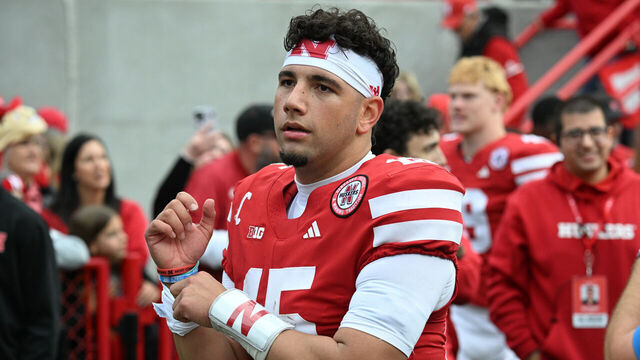 LINCOLN, NEBRASKA - OCTOBER 25: Dylan Raiola #15 of the Nebraska Cornhuskers walks off the field after the win against the Northwestern Wildcats during the second half at Memorial Stadium on October 25, 2025 in Lincoln, Nebraska.