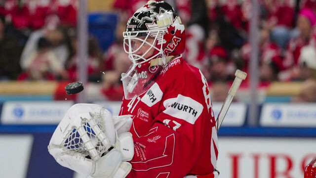 DAVOS, SWITZERLAND - DECEMBER 26: James Reimer of Team Canada looks on during the Spengler Cup Davos match between Team Canada and U.S Collegiate Selects at Zondacrypto-Arena on December 26, 2025 in Davos, Switzerland.