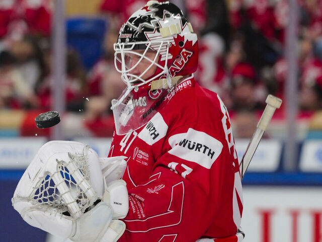 DAVOS, SWITZERLAND - DECEMBER 26: James Reimer of Team Canada looks on during the Spengler Cup Davos match between Team Canada and U.S Collegiate Selects at Zondacrypto-Arena on December 26, 2025 in Davos, Switzerland.