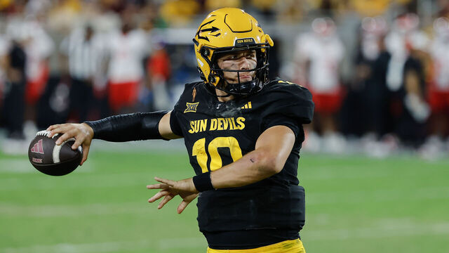 TEMPE, AZ - OCTOBER 25: Arizona State Sun Devils quarterback Sam Leavitt (10) warms up during a timeout during the college football game between the Houston Cougars and the Arizona State Sun Devils on October 25, 2025 at Mountain America Stadium in Tempe, Arizona.