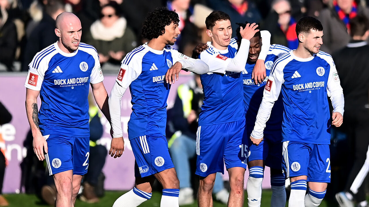 MACCLESFIELD, ENGLAND - JANUARY 10: Isaac Buckley-Ricketts of Macclesfield FC celebrates scoring a goal to make the score 2-1 with his team-mates during the Emirates FA Cup Third Round match between Macclesfield and Crystal Palace on January 10, 2026 in Macclesfield, England.