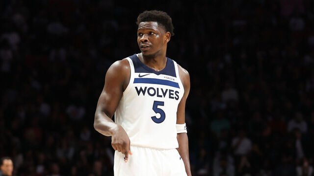 MIAMI, FLORIDA - JANUARY 03: Anthony Edwards #5 of the Minnesota Timberwolves reacts during the second quarter of the game against the Miami Heat at Kaseya Center on January 03, 2026 in Miami, Florida.