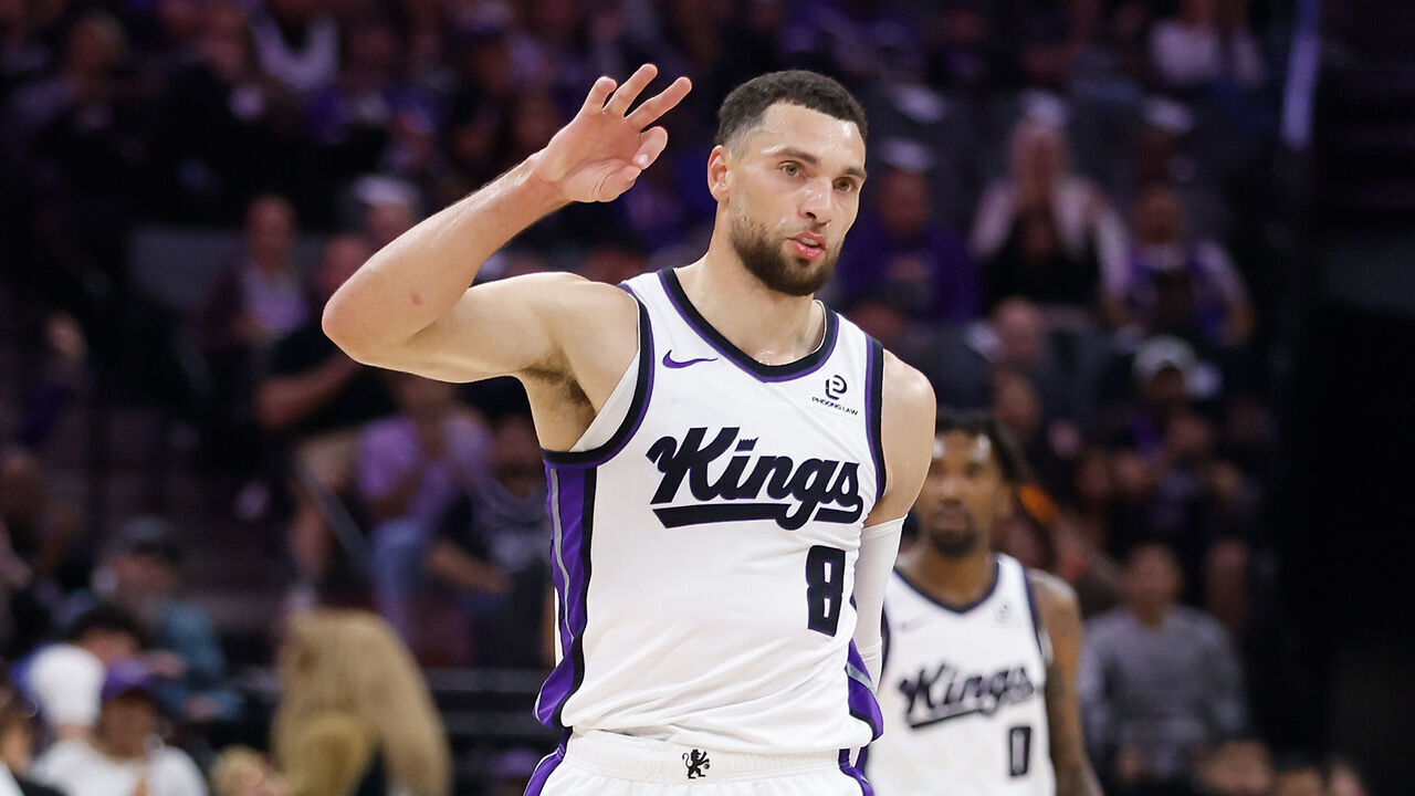 SACRAMENTO, CALIFORNIA - NOVEMBER 09: Zach LaVine #8 of the Sacramento Kings reacts after making a three-point basket in the first quarter against the Minnesota Timberwolves at Golden 1 Center on November 09, 2025 in Sacramento, California.