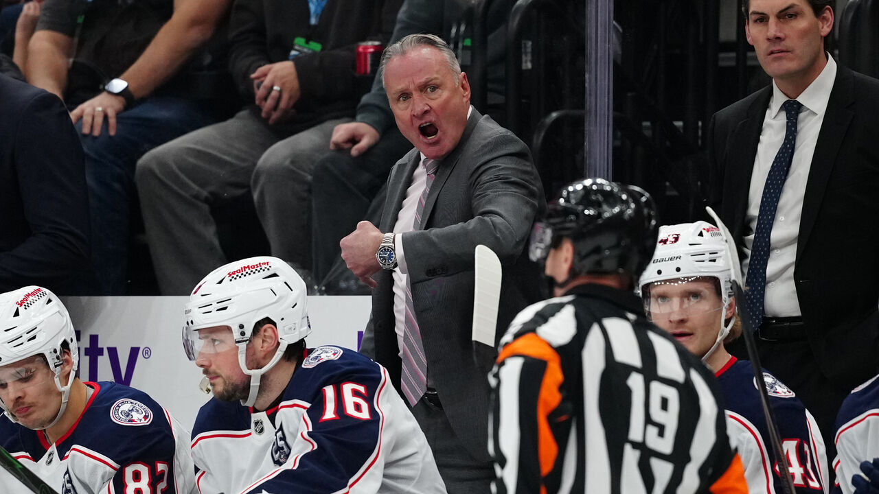 SALT LAKE CITY, UTAH - JANUARY 11: Head Coach Dean Evason of the Columbus Blue Jackets reacts following a play in the second period of a game against the Utah Mammoth at Delta Center on January 11, 2026 in Salt Lake City, Utah.