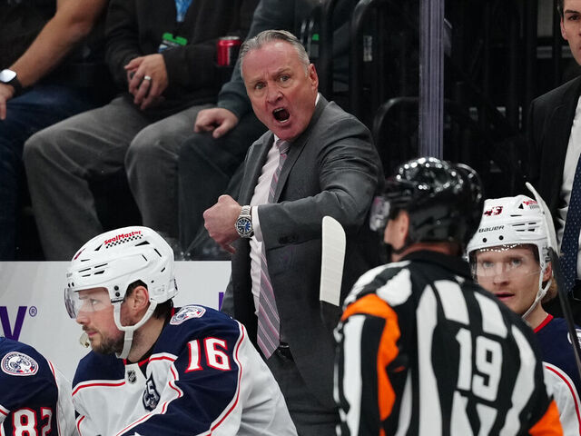 SALT LAKE CITY, UTAH - JANUARY 11: Head Coach Dean Evason of the Columbus Blue Jackets reacts following a play in the second period of a game against the Utah Mammoth at Delta Center on January 11, 2026 in Salt Lake City, Utah.