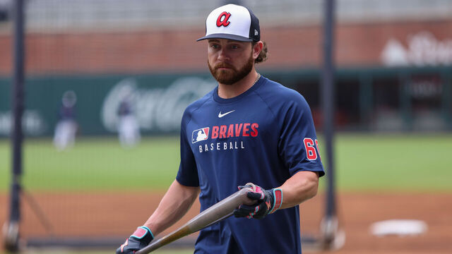 ATLANTA, GEORGIA - SEPTEMBER 26: Brett Wisely #60 of the Atlanta Braves during batting practice before a game against the Pittsburgh Pirates at Truist Park on September 26, 2025 in Atlanta, Georgia.