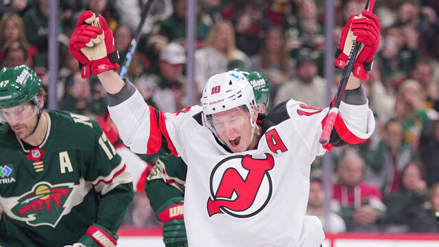 ST PAUL, MINNESOTA - JANUARY 12: Ondrej Palat #18 of the New Jersey Devils celebrates his goal against Jesper Wallstedt #30 of the Minnesota Wild in the second period at Grand Casino Arena on January 12, 2026 in St Paul, Minnesota.