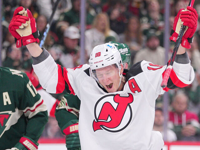 ST PAUL, MINNESOTA - JANUARY 12: Ondrej Palat #18 of the New Jersey Devils celebrates his goal against Jesper Wallstedt #30 of the Minnesota Wild in the second period at Grand Casino Arena on January 12, 2026 in St Paul, Minnesota.