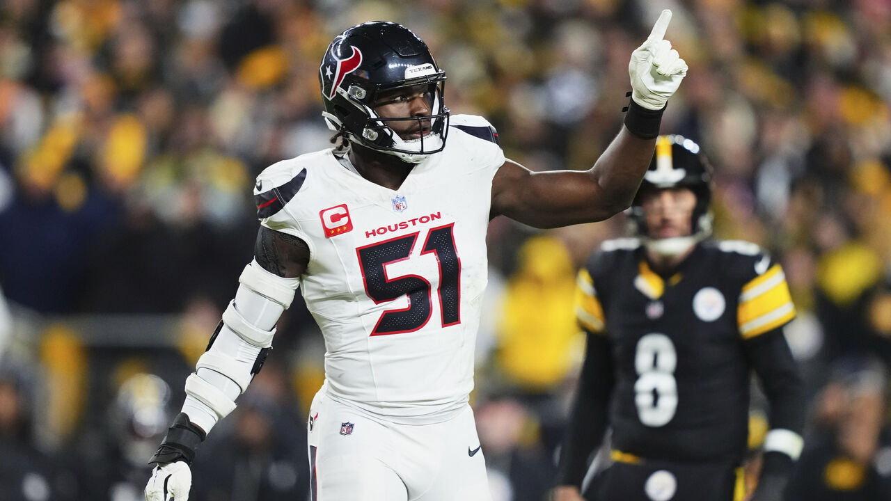 PITTSBURGH, PA - JANUARY 12: Will Anderson Jr. #51 of the Houston Texans reacts after a play against the Pittsburgh Steelers during the first half of an AFC Wild Card Playoff game at Acrisure Stadium on January 12, 2026 in Pittsburgh, Pennsylvania.