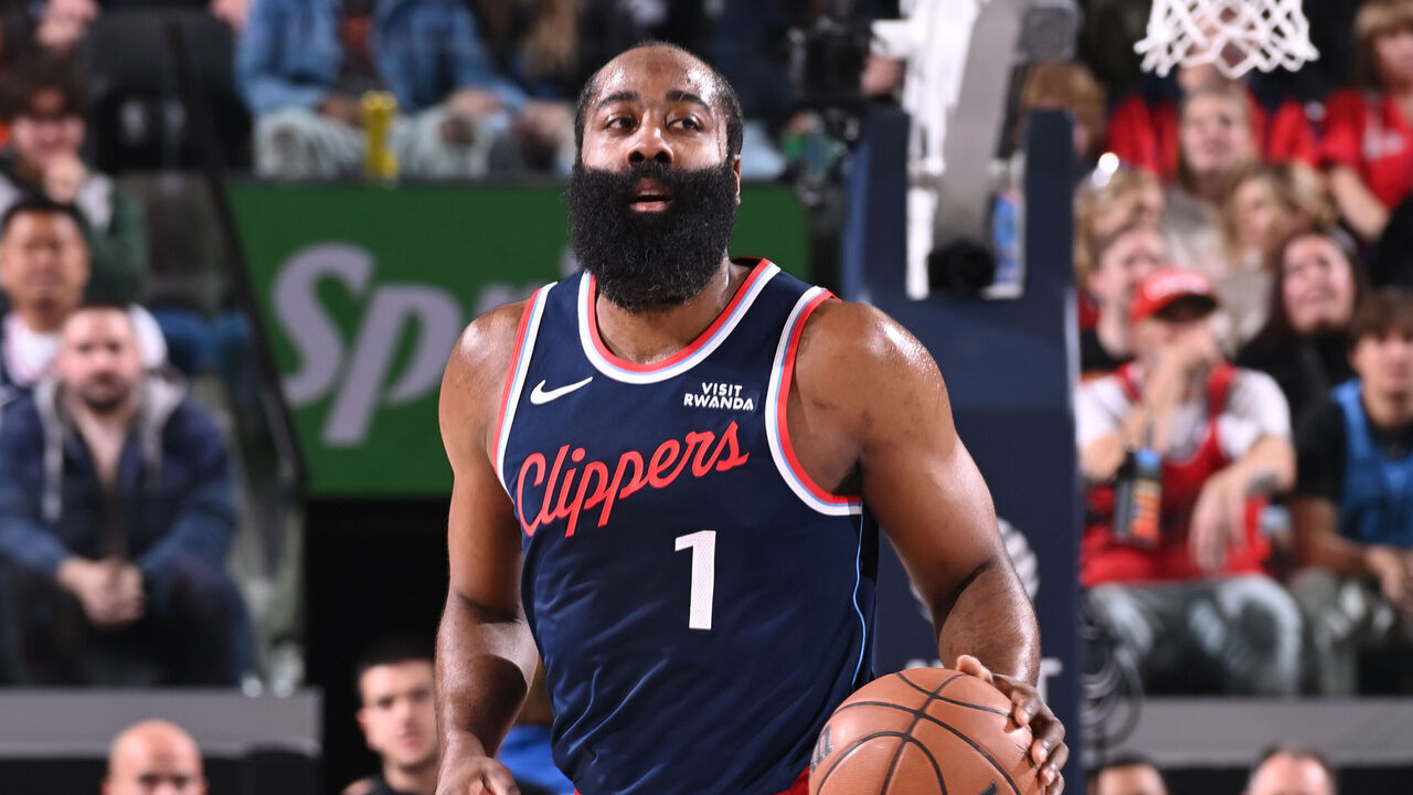 INGLEWOOD, CA - JANUARY 12: James Harden #1 of the LA Clippers dribbles the ball during the game against the Charlotte Hornets on January 12, 2026 at Intuit Dome in Los Angeles, California. NOTE TO USER: User expressly acknowledges and agrees that, by downloading and/or using this Photograph, user is consenting to the terms and conditions of the Getty Images License Agreement. Mandatory Copyright Notice: Copyright 2026 NBAE